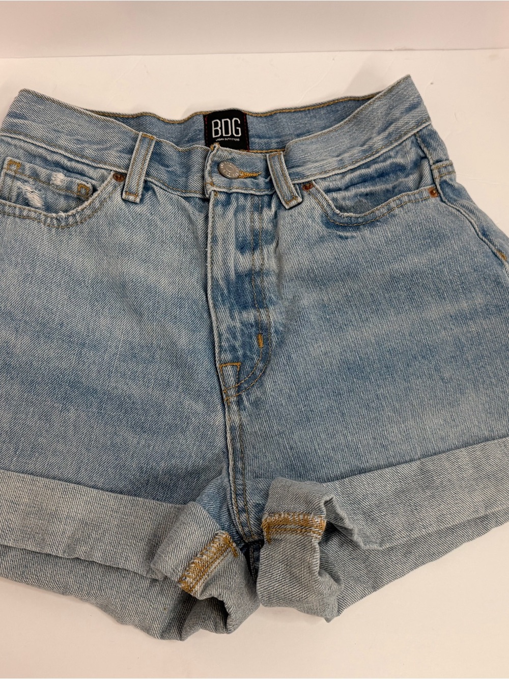 BDG Light Wash High-Rise Denim Shorts with Rolled Hem